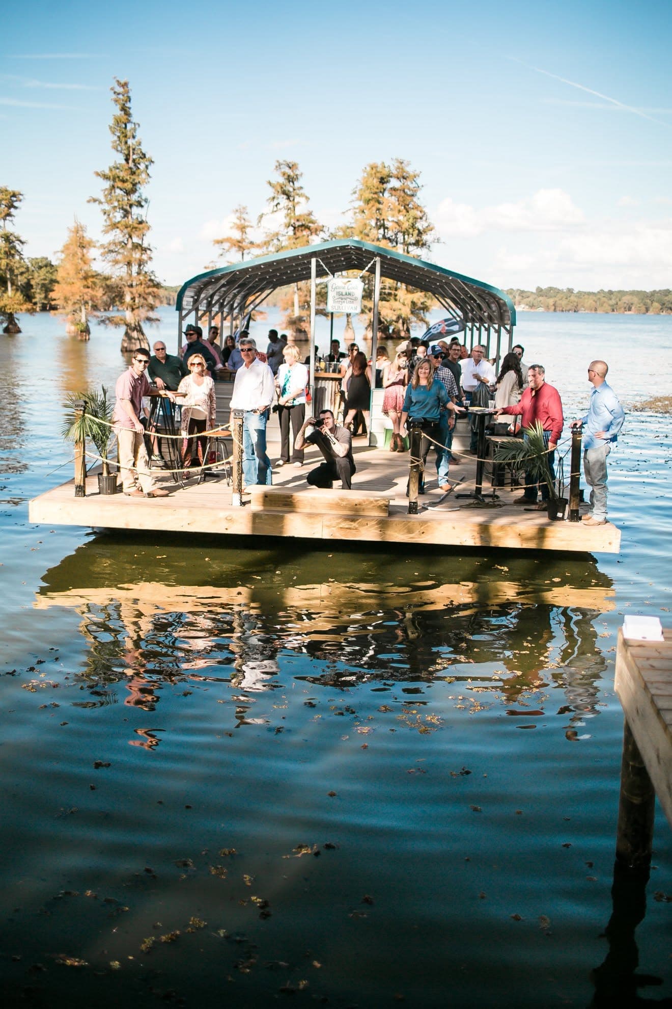 The Grand Island party barge on Cross Lake